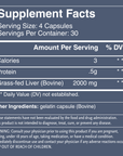 Supplement facts for Beef Liver Supplement showing serving size, calories, protein, and grass-fed liver content.