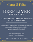 Clara & Fritz Beef Liver Supplement with grass-fed, pasture-raised ingredients; 120 capsules, supports energy and health.