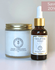 Serenity Clear Complexion Facial Serum and moisturizer bottle with 20% discount label.
