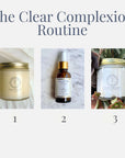 The Clear Complexion Routine products displayed including oil cleanser, serum, and moisturizer for clear skin routine.