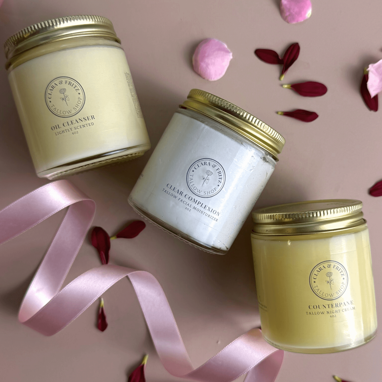 Daily Facial Trio from Clara & Fritz - Tallow based skincare products, including oil cleanser, moisturizer, and night cream.
