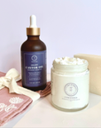 Elevated Essentials Set featuring organic castor oil, tallow balm, soap, and cloth for natural skincare routine.