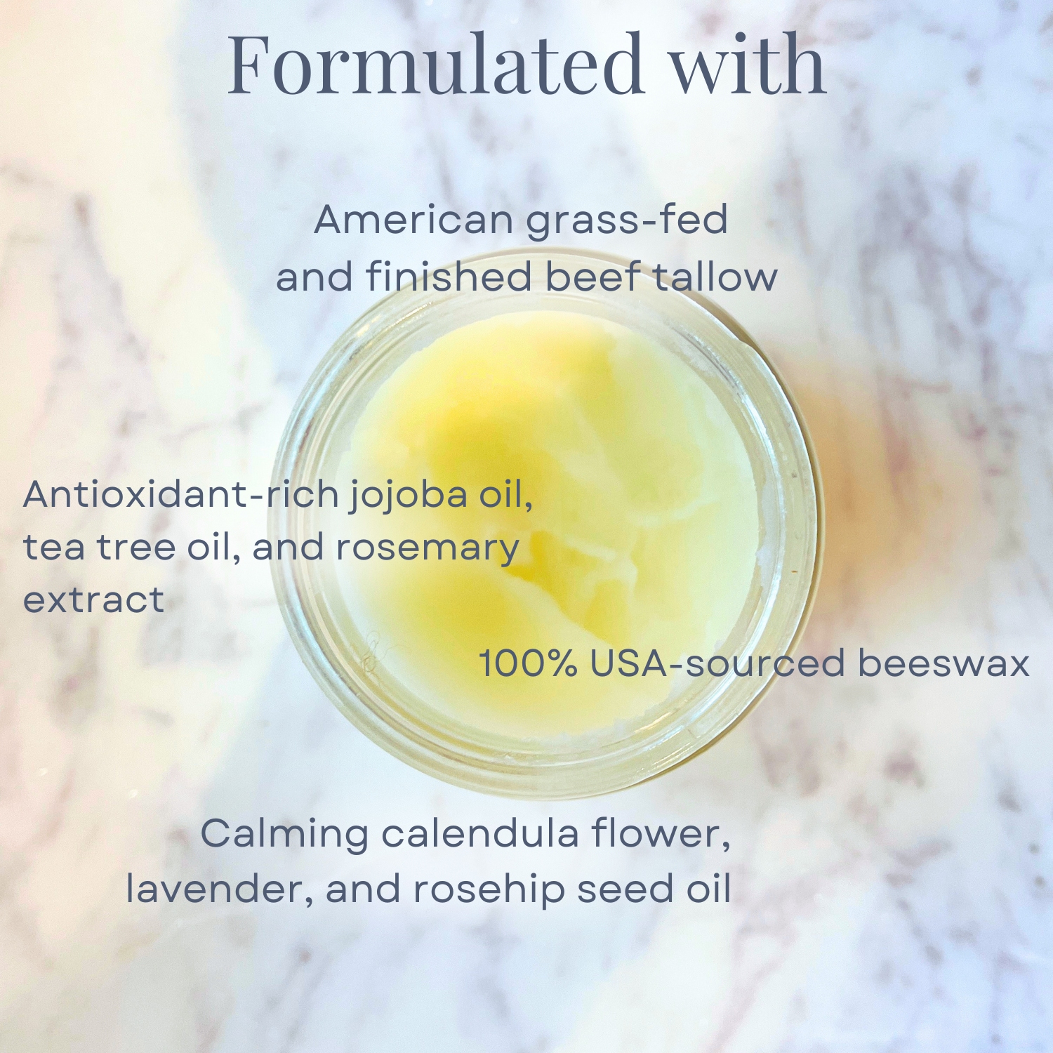 Essential Balm with Infused Calendula jar showing natural ingredients and nourishing oils for skincare