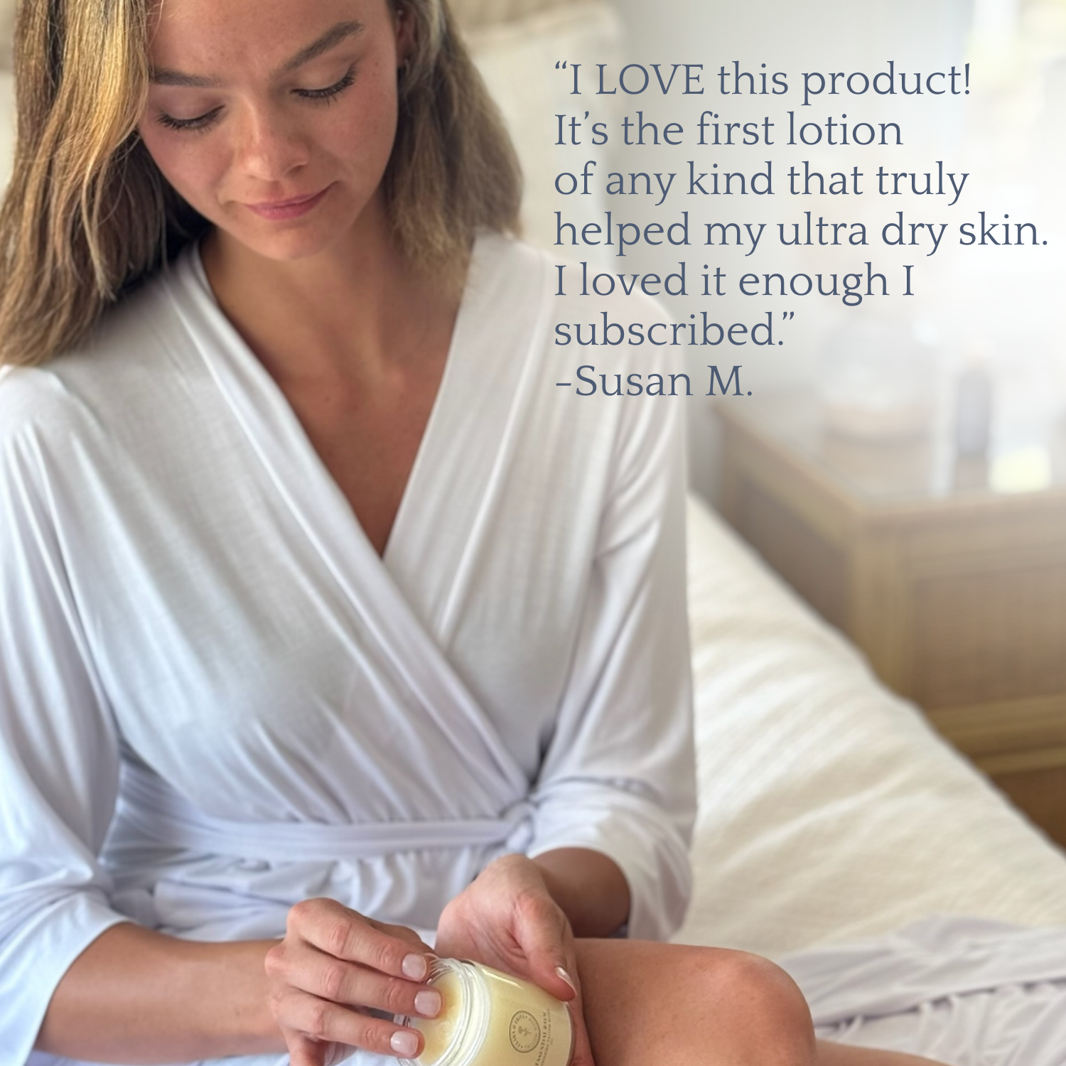 Woman applying Essential Balm with Infused Calendula, glowing skin, customer testimonial highlighting benefits for dry skin