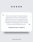 Customer review with 5-star rating for Fragrance Balm highlighting rose and citrus notes, written by Rebecca on shop.app