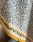 Close-up of Seaside Garden Block Print Tablecloth with floral patterns and artisan craftsmanship.