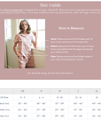 Woman wearing Clover Lounge Set with size guide for Clara & Fritz organic cotton clothing.