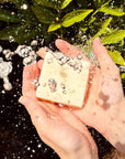 hand holding a bar of Mary Tallow Unscented Soap with dripping water