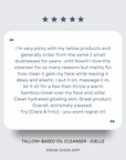 Customer review for Tallow-Based Oil Cleanser highlighting clean, hydrated, glowing skin benefits.