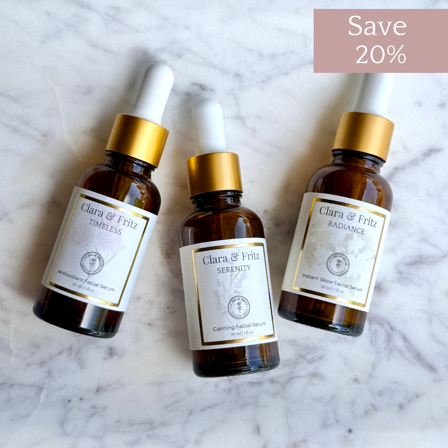 The Serum Trio by Clara & Fritz - complete collection for glowing skin, 20% off. Includes Timeless, Serenity, Radiance serums.