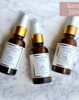 The Serum Trio by Clara & Fritz - complete collection for glowing skin, 20% off. Includes Timeless, Serenity, Radiance serums.