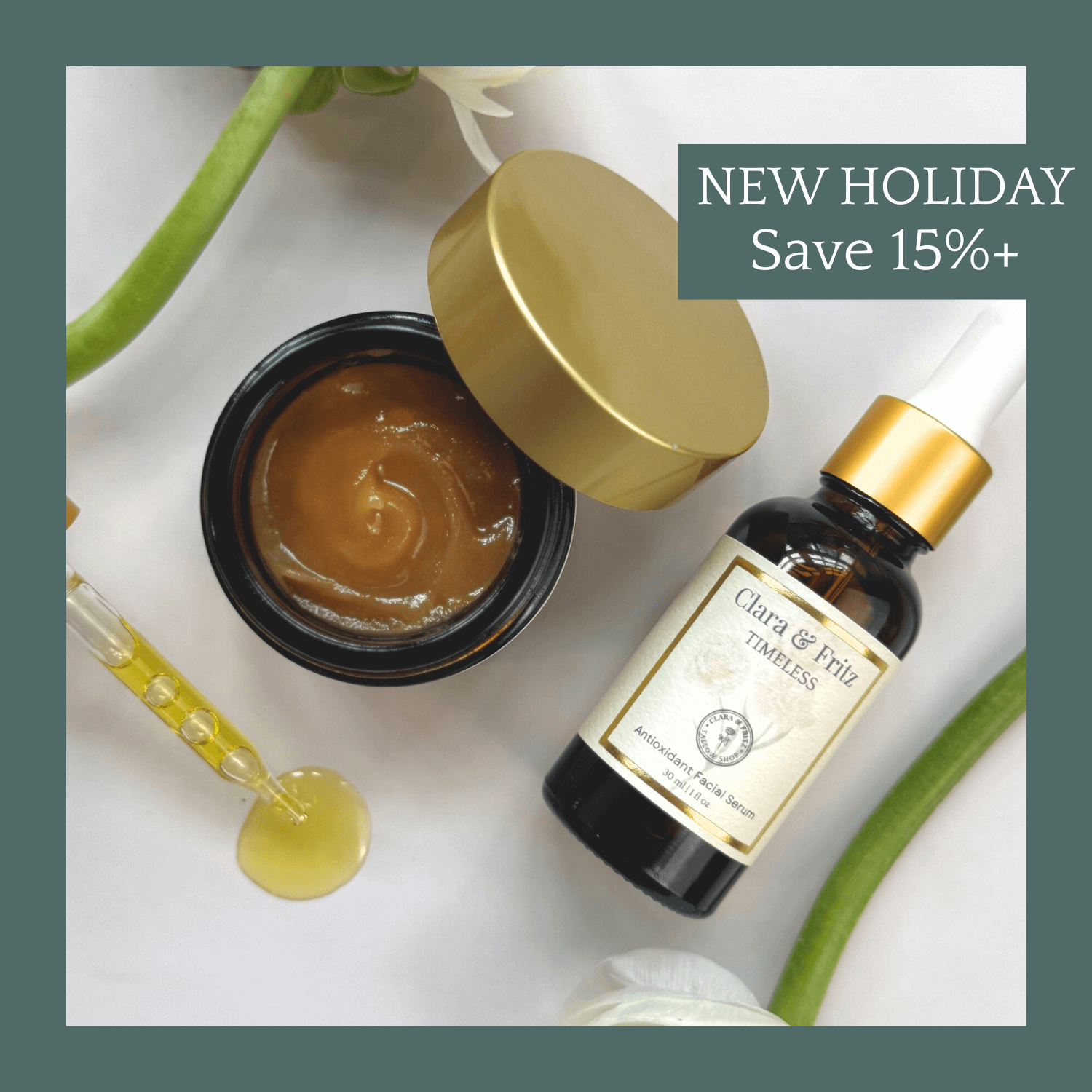 Timeless Serum and Antioxidant Balm Set on display with dropper, save 15% holiday promo, skincare for age support and hydration.