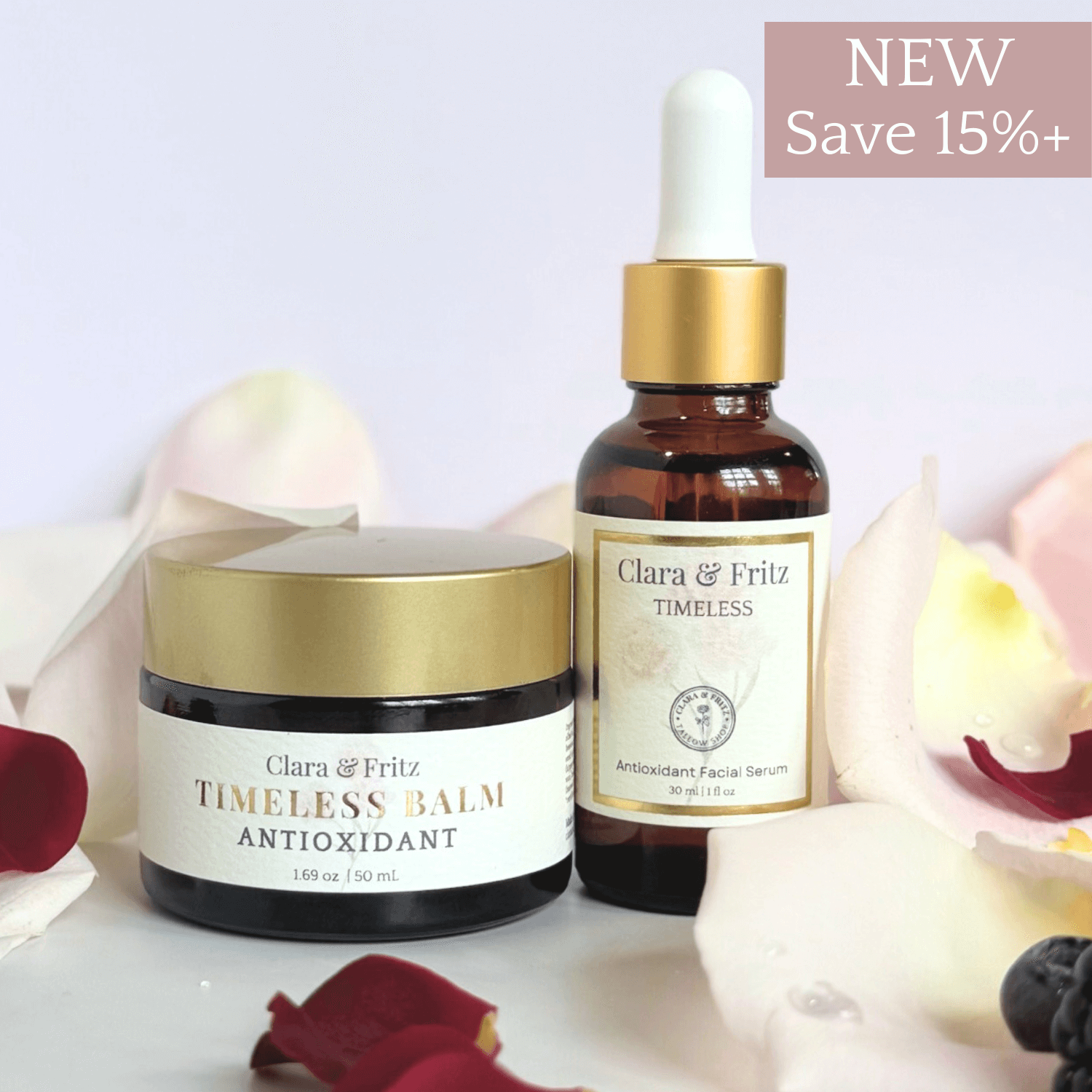 Timeless Serum and Antioxidant Balm Set with 15% savings for radiant, resilient skin care.