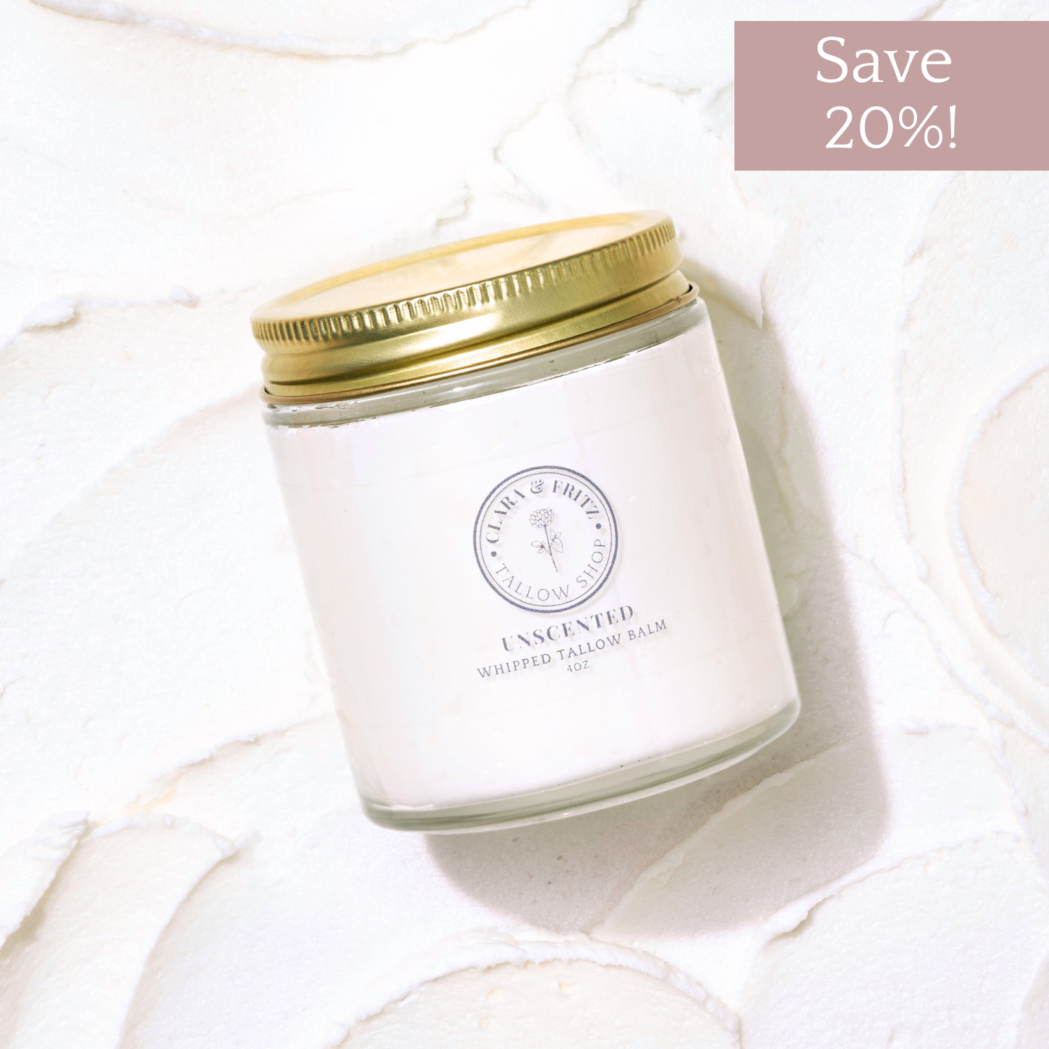 Alt Tag: Whipped Pure Hydration Set - Unscented Whipped Tallow Balm jar with Save 20% label on textured background.
