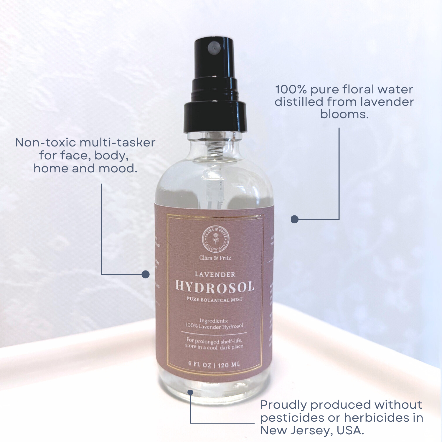 Bottle of Lavender Hydrosol for Facial Use, non-toxic floral water.