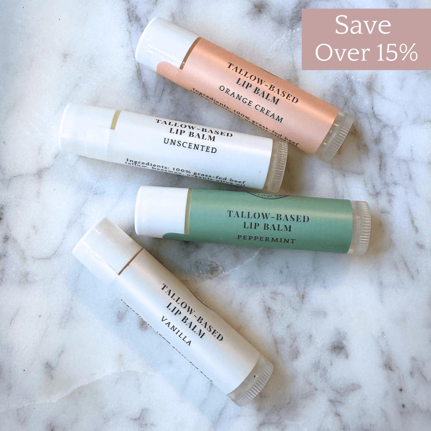Tallow Lip Balm Set with 4-pack assortment of scents including peppermint and vanilla, save over 15% offer.