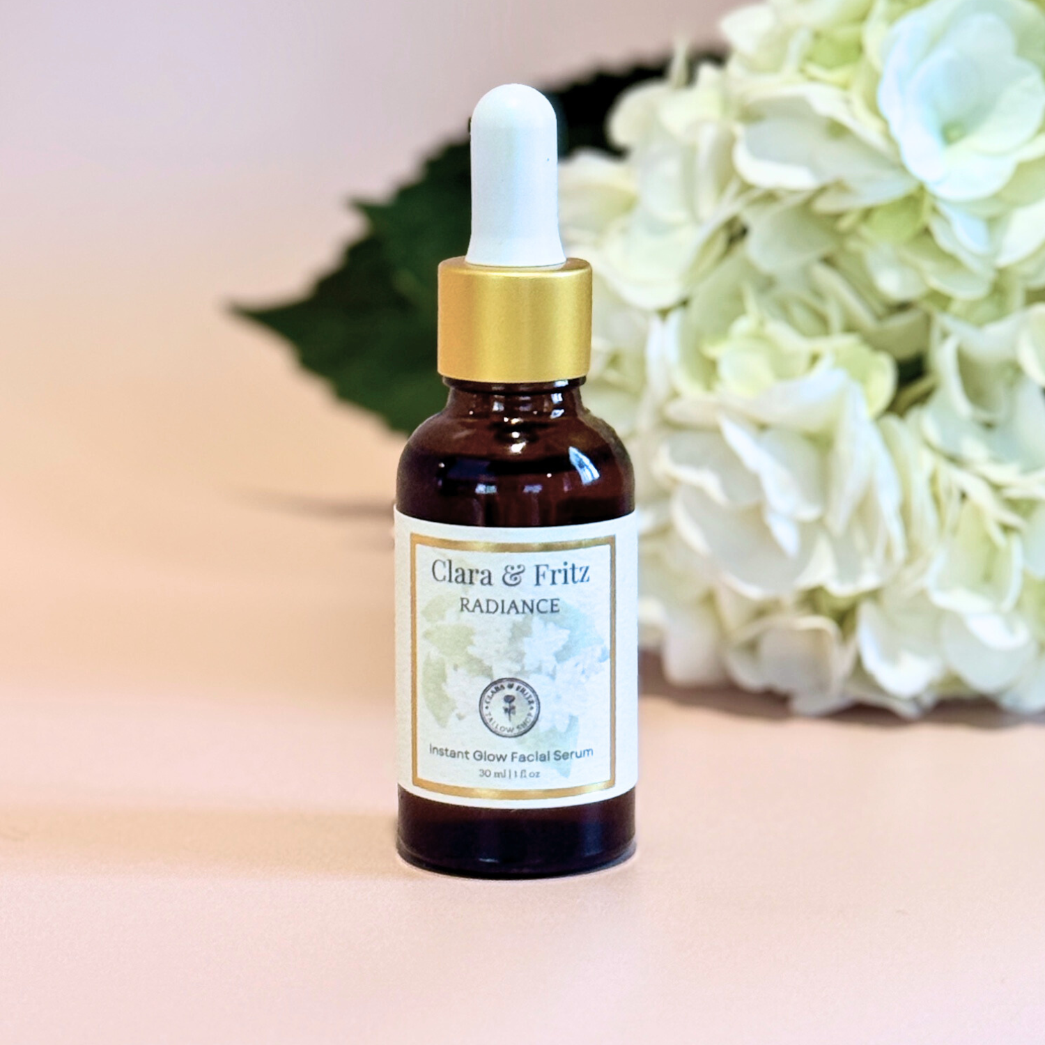 Radiance Instant Glow Facial Serum bottle with hydrating formula and floral background