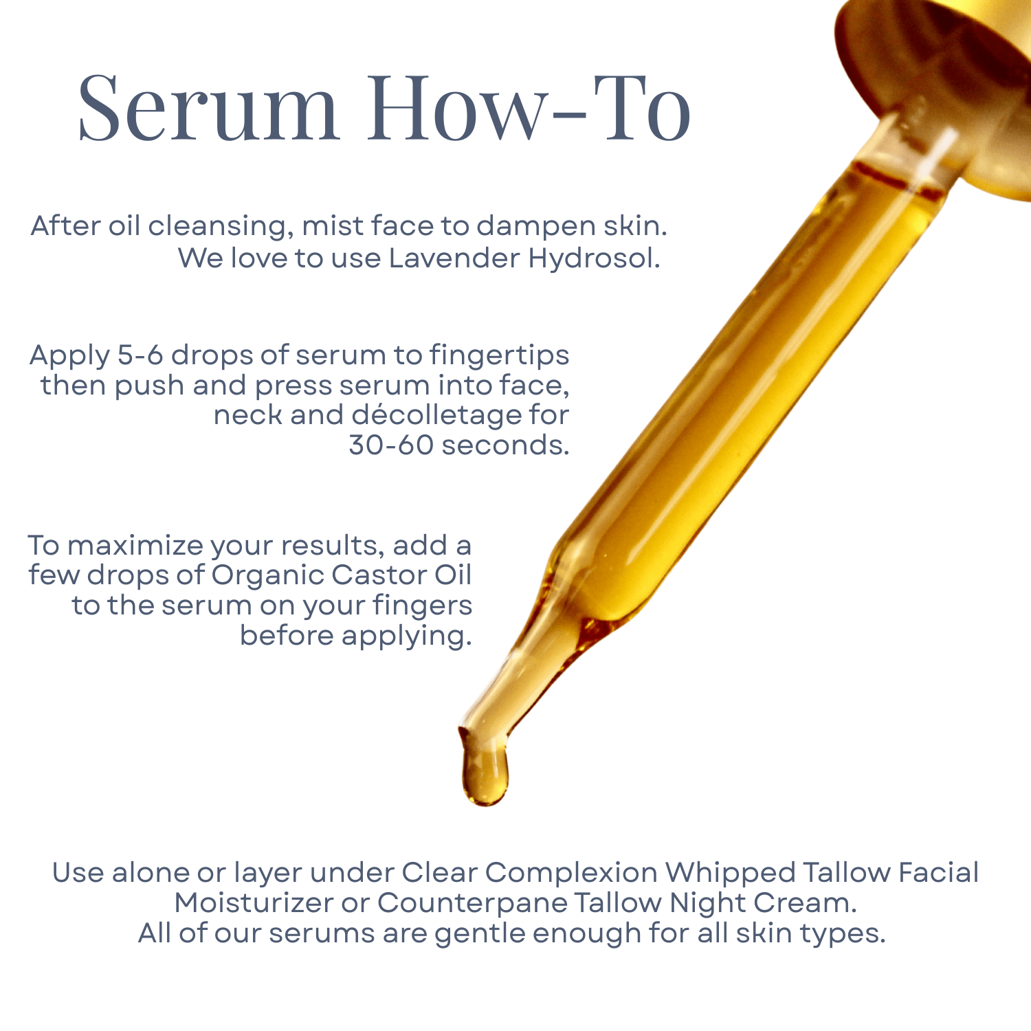 Radiance Instant Glow Facial Serum/Serenity Calming Facial Serum/Timeless Antioxidant Facial Serum application guide with dropper and instructions for silky, even skin using The Serum Trio