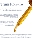 Radiance Instant Glow Facial Serum/Serenity Calming Facial Serum/Timeless Antioxidant Facial Serum application guide with dropper and instructions for silky, even skin using The Serum Trio