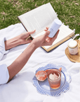 Person holding a product from the Sun-kissed Trio, enjoying a sunny picnic with a book, citrus and berries; showcasing sun care essentials.