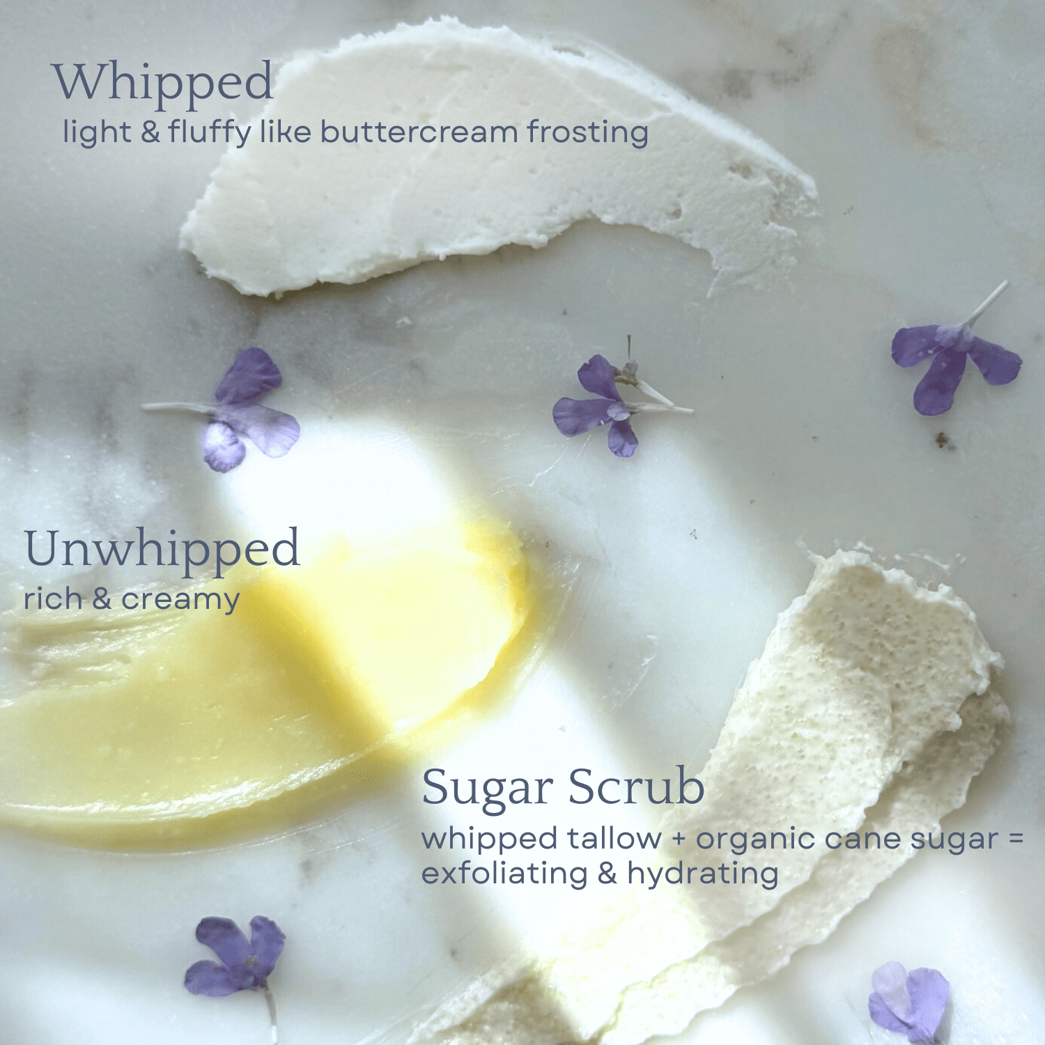 Creamy textures of whipped and unwhipped tallow with sugar scrub, part of the Capsule Skincare Kit.