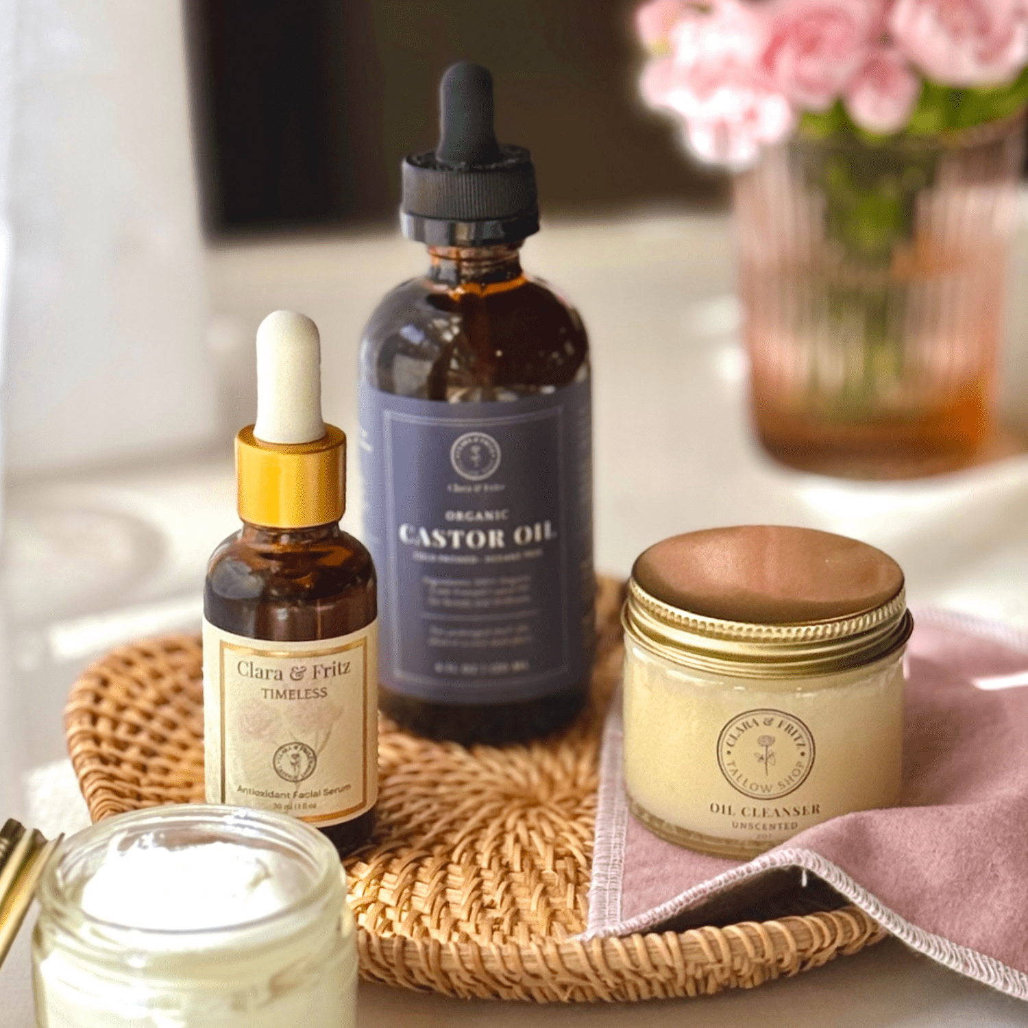 Timeless Antioxidant Facial Serum displayed on a basket with organic beauty products for radiant skin care.