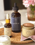 Timeless Antioxidant Facial Serum displayed on a basket with organic beauty products for radiant skin care.