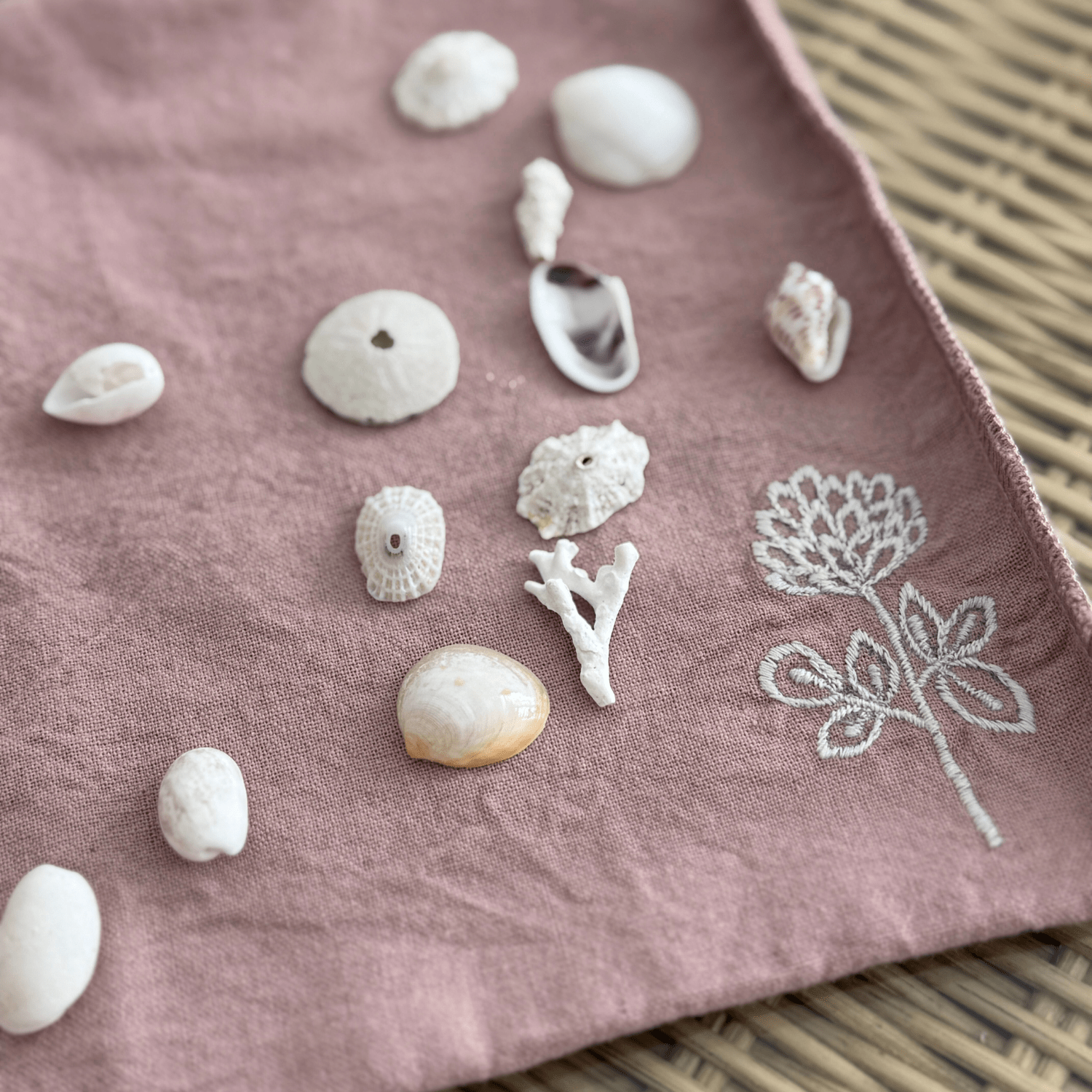 Clover Organic Cotton Washcloth Set of 4 with seashells and embroidery, showcasing soft, eco-friendly design.