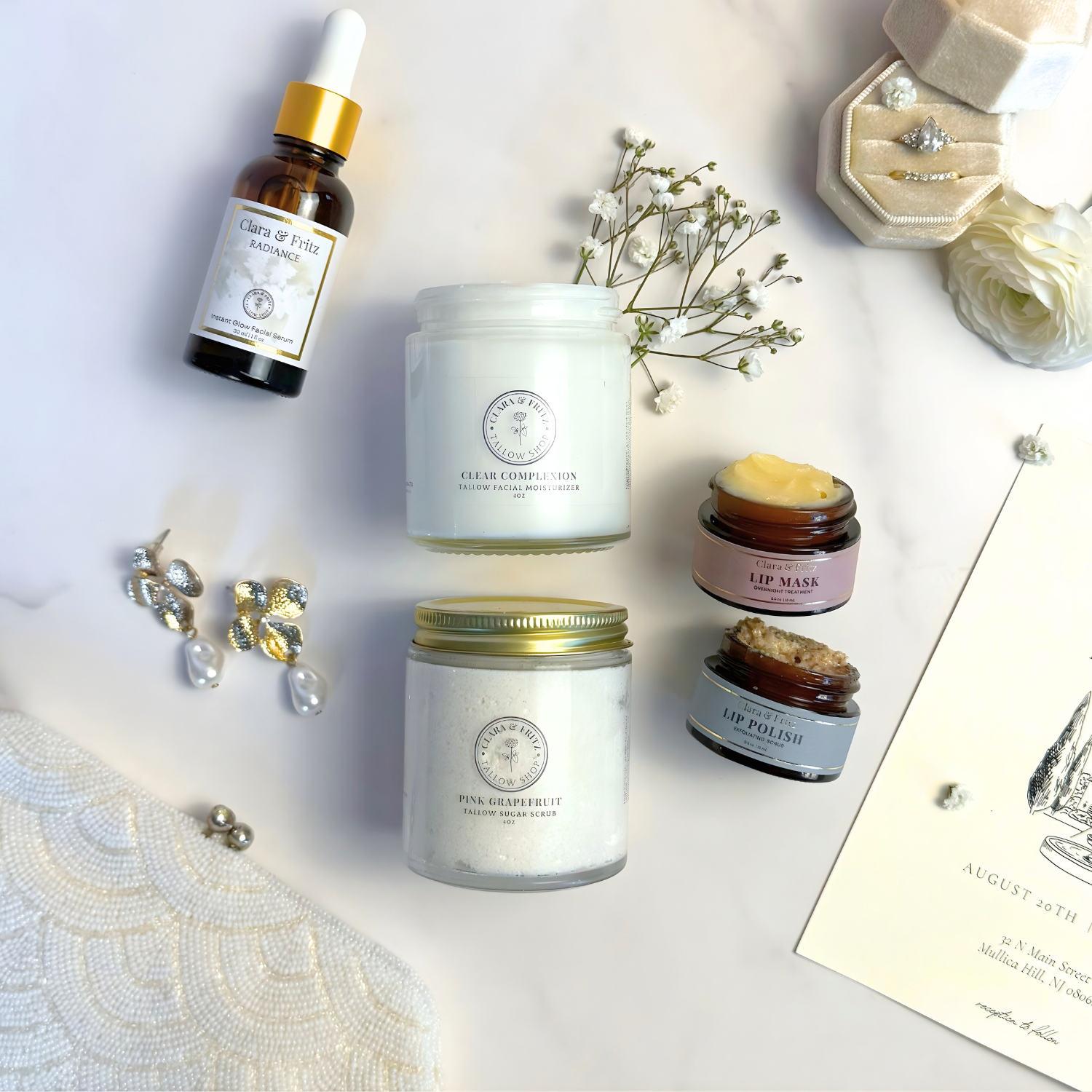 Bridal Glow Gift Set with skincare items and accessories for wedding day preparation.