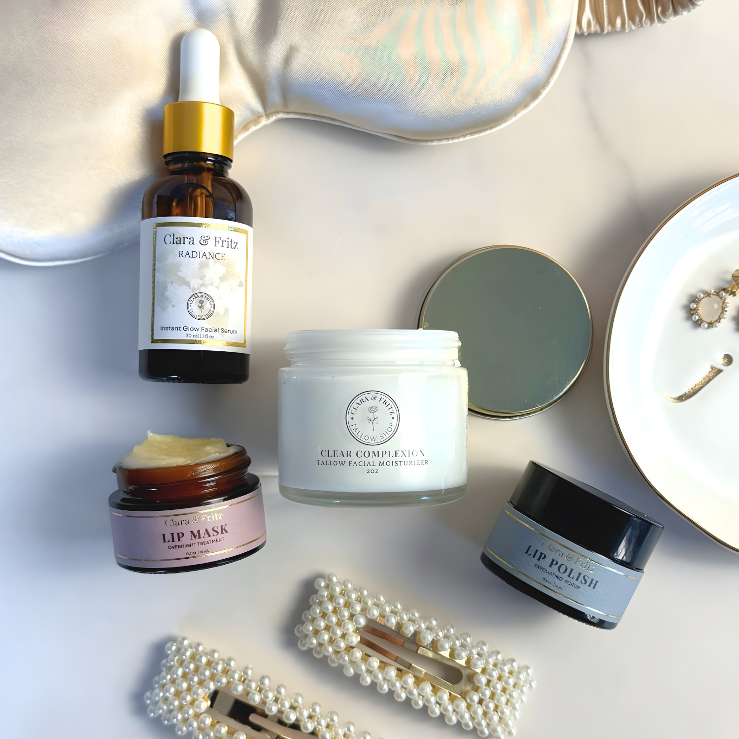 Bridesmaid Glow Gift Set including Clara & Fritz products for a natural glow and everyday care with pearl hair clips and jewelry displayed.