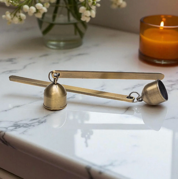 Candle Snuffer Antique-Style Brass Bell on a marble surface, used for snuffing taper candles and reducing smoke.