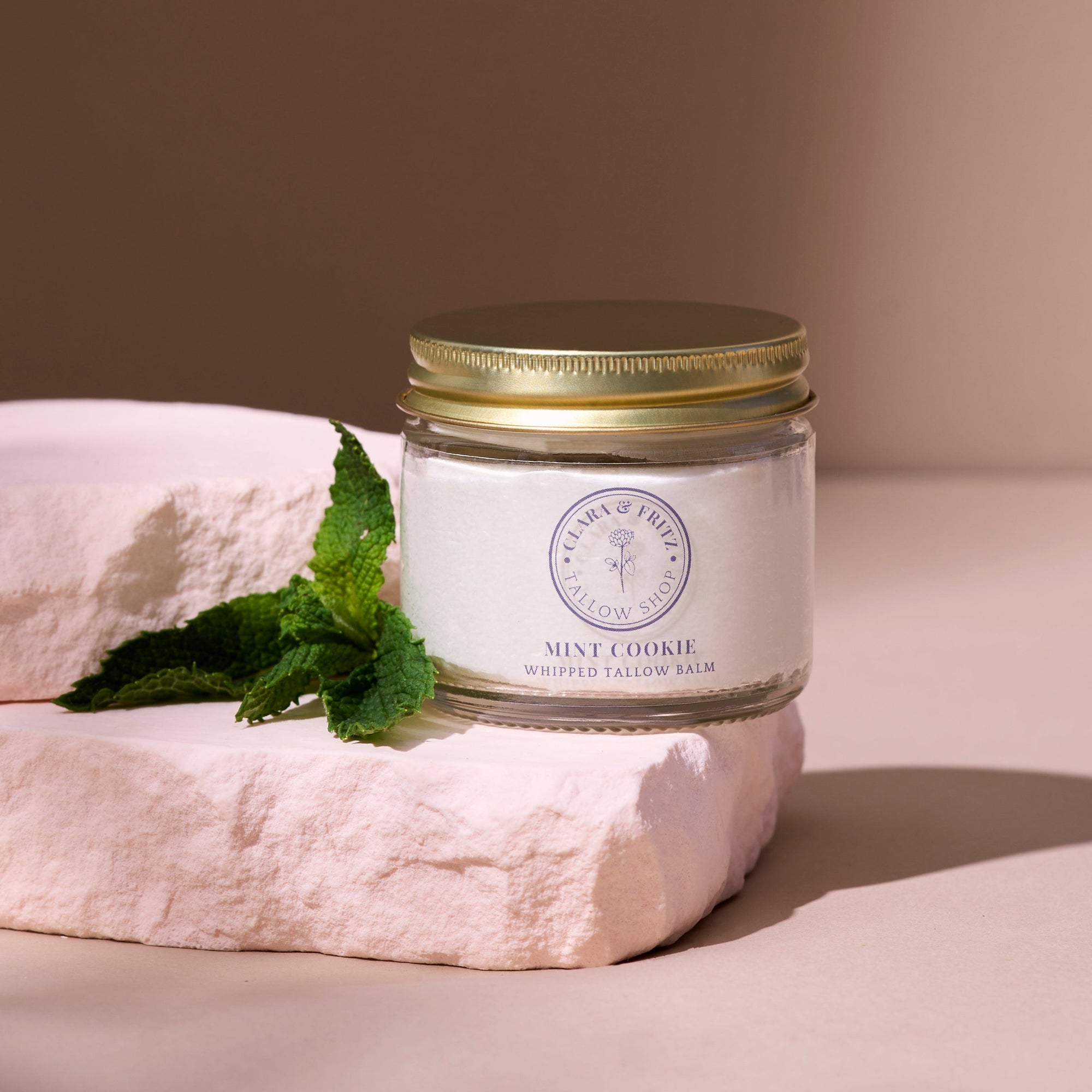 whipped tallow balm mint cookie 2oz jar in studio