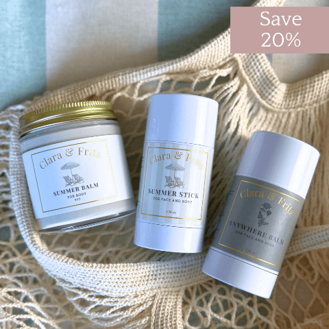Sun-kissed Trio by Clara & Fritz with Summer Balm, Summer Stick, and Anywhere Balm, save 20% on ultimate sun care set.