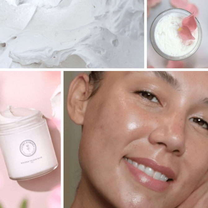 Collage of a skincare product with close-ups and a woman applying it.