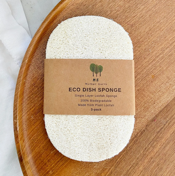 Eco Loofah Dish Sponge 3-Pack on wooden tray, biodegradable loofah for eco-friendly cleaning.